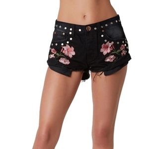 Floral Embroidered Denim Stud Shorts